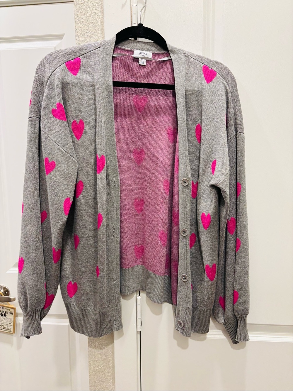 crown & ivy Gray Cardigan with Hot Pink Heart Print